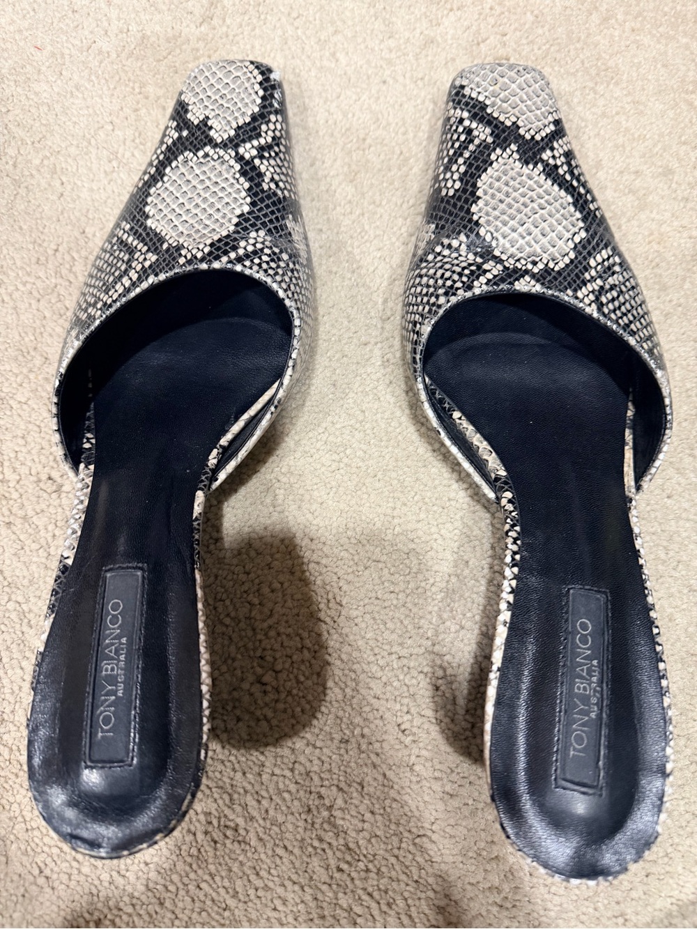 Tony Bianco Black & White Snake-Print Slide Mules